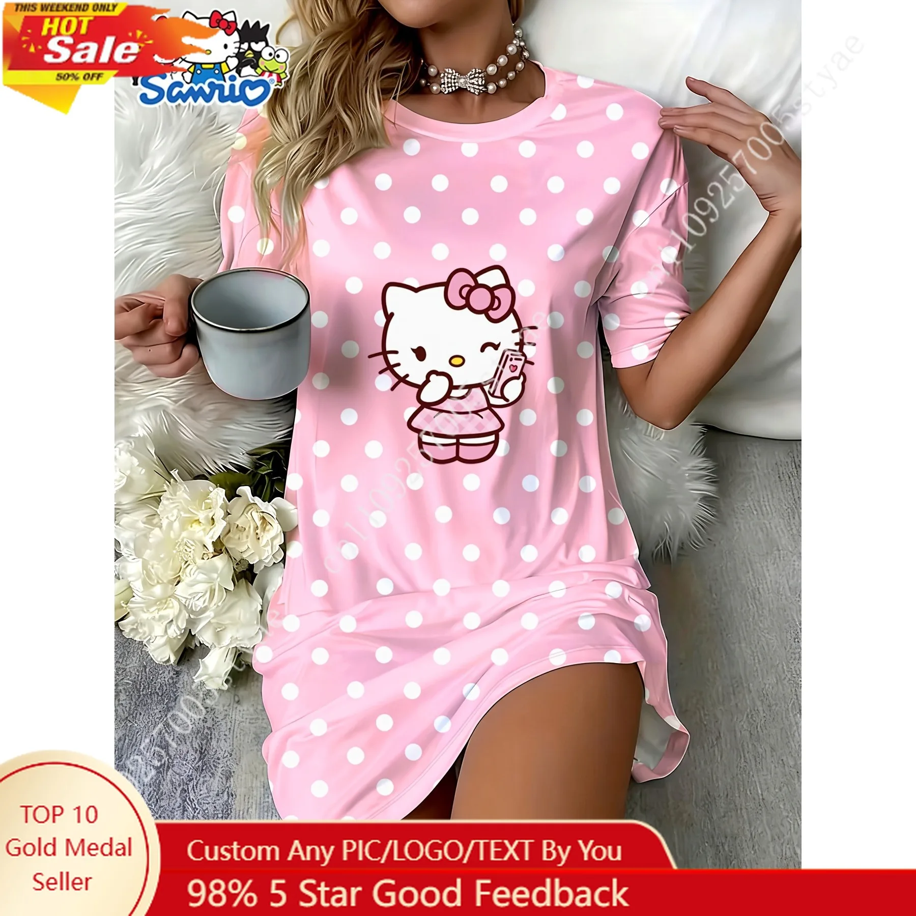 Sanrio Hello Kitty Women'S Pink Casual Loose-Fit Sleep Dress Short Sleeve Crew Neck Cute "Selfie" Fashion Polka Dot Print
Sanrio Hello Kitty Women'S Pink Casual Loose-Fit Sleep Dress Short Sleeve Crew Neck Cute "Selfie" Fashion Polka Dot Print