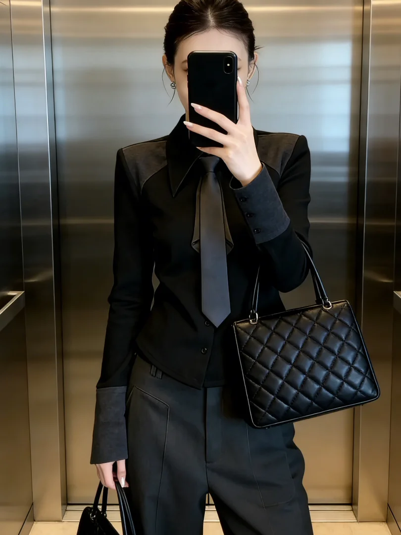 Chic Spliced Color Block Black Shirt Women's Fashion French Style Loose Fit Long Sleeve Collar Button up Spring Early Top
Chic Spliced Color Block Black Shirt Women's Fashion French Style Loose Fit Long Sleeve Collar Button up Spring Early Top