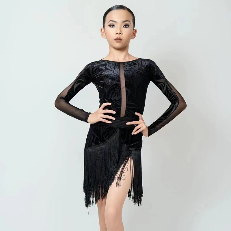 Black Latin Dance Dress Children Performance Clothing Long Sleeve Dance Suit Fringe Skirt Cha Cha Rumba Training Dancewear 2484
Black Latin Dance Dress Children Performance Clothing Long Sleeve Dance Suit Fringe Skirt Cha Cha Rumba Training Dancewear 2484