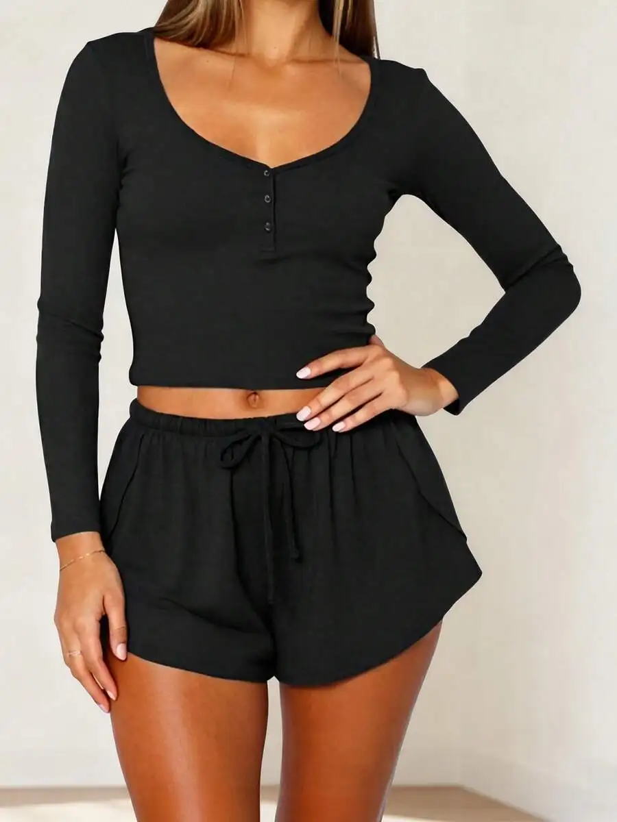 Womens Long Sleeve Low-Cut Pajama Set Elastic Waist Shorts Comfort Sleep Lounge
Womens Long Sleeve Low-Cut Pajama Set Elastic Waist Shorts Comfort Sleep Lounge