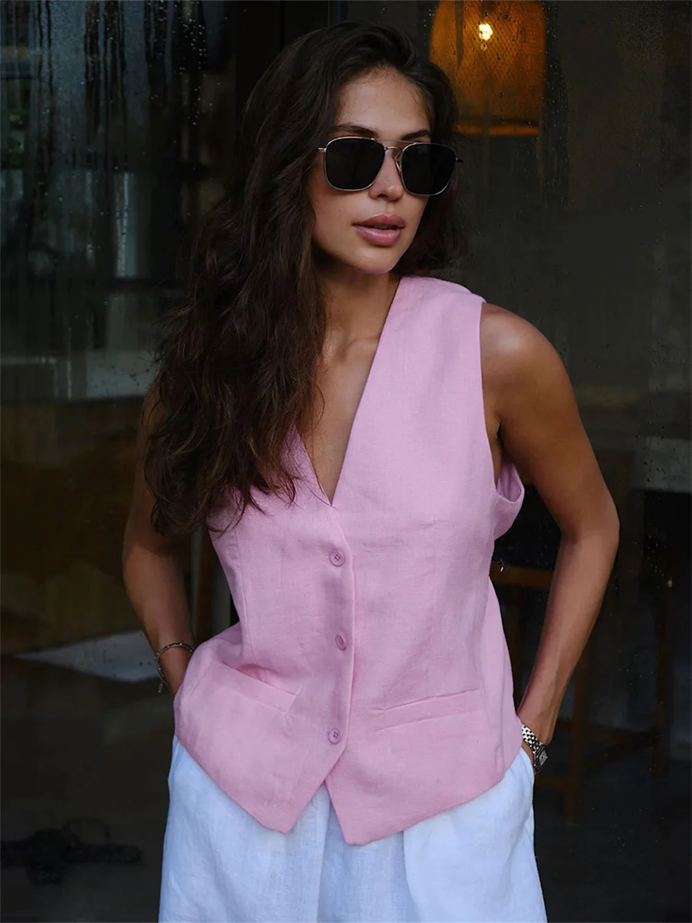 Basic Solid Cotton Linen Short Vest for Women Summer V-neck Sleeveless Single Breasted Tanks Office Ladies Crop Tops
Basic Solid Cotton Linen Short Vest for Women Summer V-neck Sleeveless Single Breasted Tanks Office Ladies Crop Tops