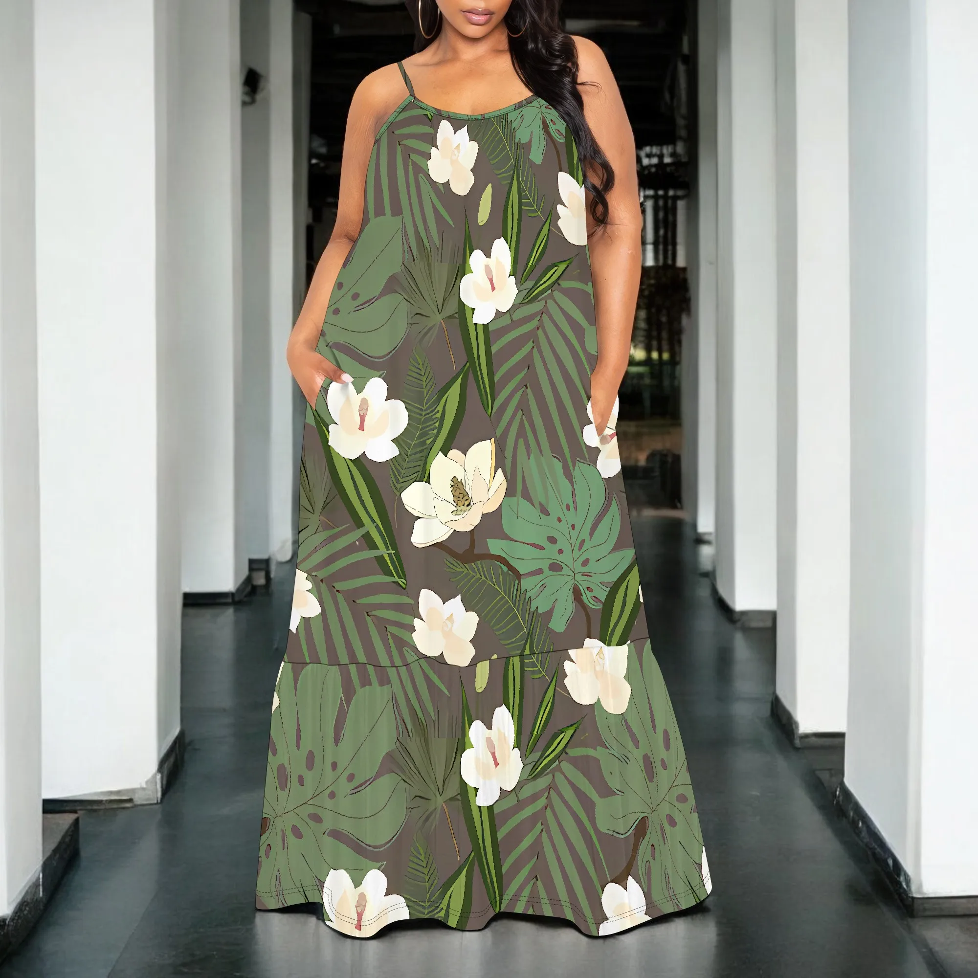 Floral and Leaf Print Sleeveless Maxi Dress, Elegant V-neck, Casual Plus Size Dress with Pockets, Perfect for Spring/Summer
Floral and Leaf Print Sleeveless Maxi Dress, Elegant V-neck, Casual Plus Size Dress with Pockets, Perfect for Spring/Summer