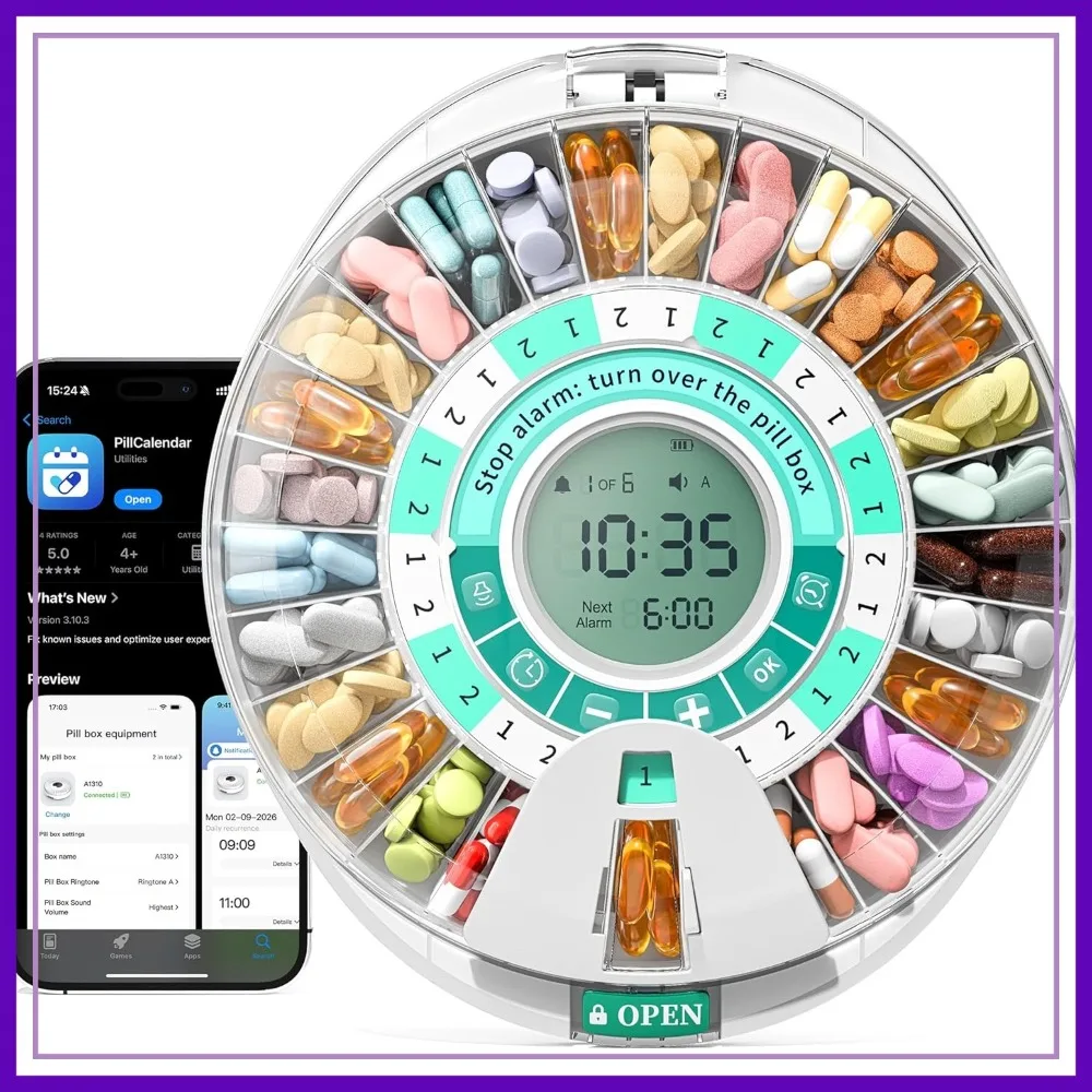 Smart Bluetooth Pill Dispenser, 28-Day Automatic Pill Case with App Control & 6 Alarms, Light Reminder for Seniors
Smart Bluetooth Pill Dispenser, 28-Day Automatic Pill Case with App Control & 6 Alarms, Light Reminder for Seniors