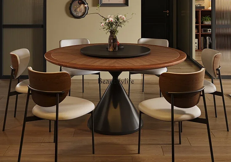 LMedieval round table solid wood texture round rock slab dining table cream with turntable
LMedieval round table solid wood texture round rock slab dining table cream with turntable