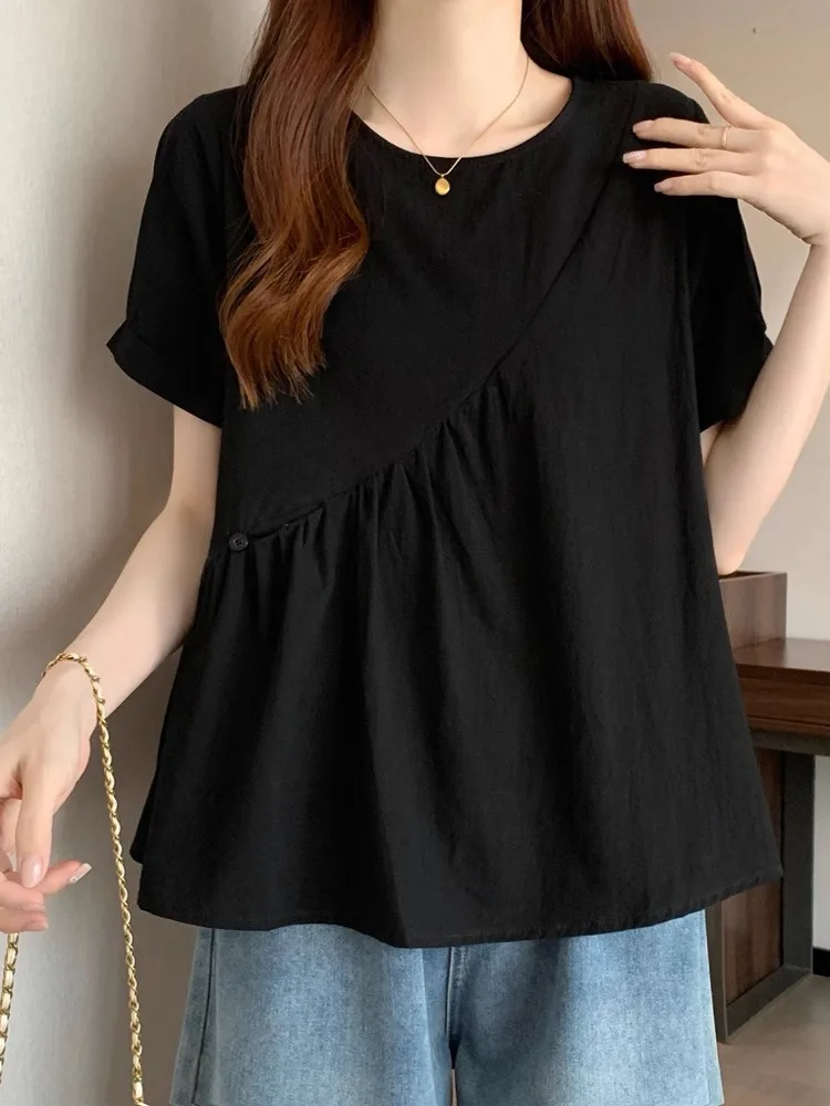 Black Cotton Linen Short Sleeve T-Shirt Women's Summer New Large Size Fat MM Loose Belly Covering Doll Shirt Top
Black Cotton Linen Short Sleeve T-Shirt Women's Summer New Large Size Fat MM Loose Belly Covering Doll Shirt Top
