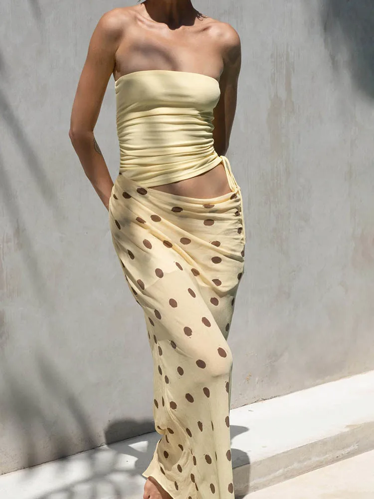 JULISSA MO Sexy Strapless Printed Polka Dot Women Dress Yellow Patchwork Hollow Out Dress Summer Slim Elegant Vacation Beachwear
JULISSA MO Sexy Strapless Printed Polka Dot Women Dress Yellow Patchwork Hollow Out Dress Summer Slim Elegant Vacation Beachwear