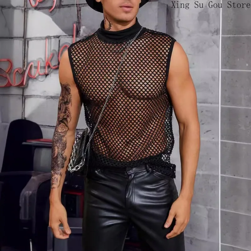 Men's Fashion Slim Pure Black Nightclub Breathable T-shirt Summer Sexy Men Transparent Mesh Round Neck Vest
Men's Fashion Slim Pure Black Nightclub Breathable T-shirt Summer Sexy Men Transparent Mesh Round Neck Vest