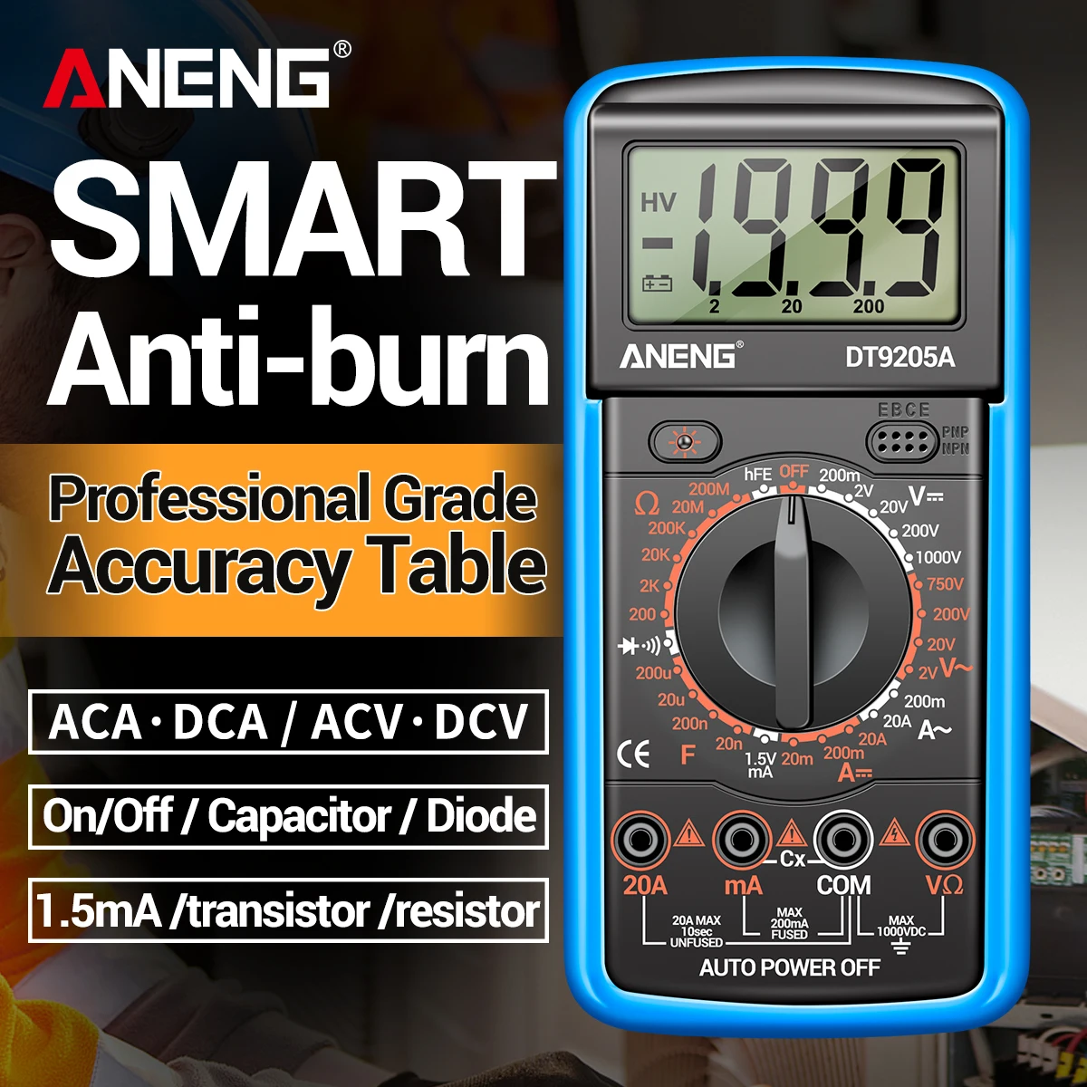 ANENG DT9205A-12 Digital Multimeter 1999 Counting AC/DC 750V/1000V Voltage 20A Current with Silicone Sheath Automatic Shutdown
ANENG DT9205A-12 Digital Multimeter 1999 Counting AC/DC 750V/1000V Voltage 20A Current with Silicone Sheath Automatic Shutdown