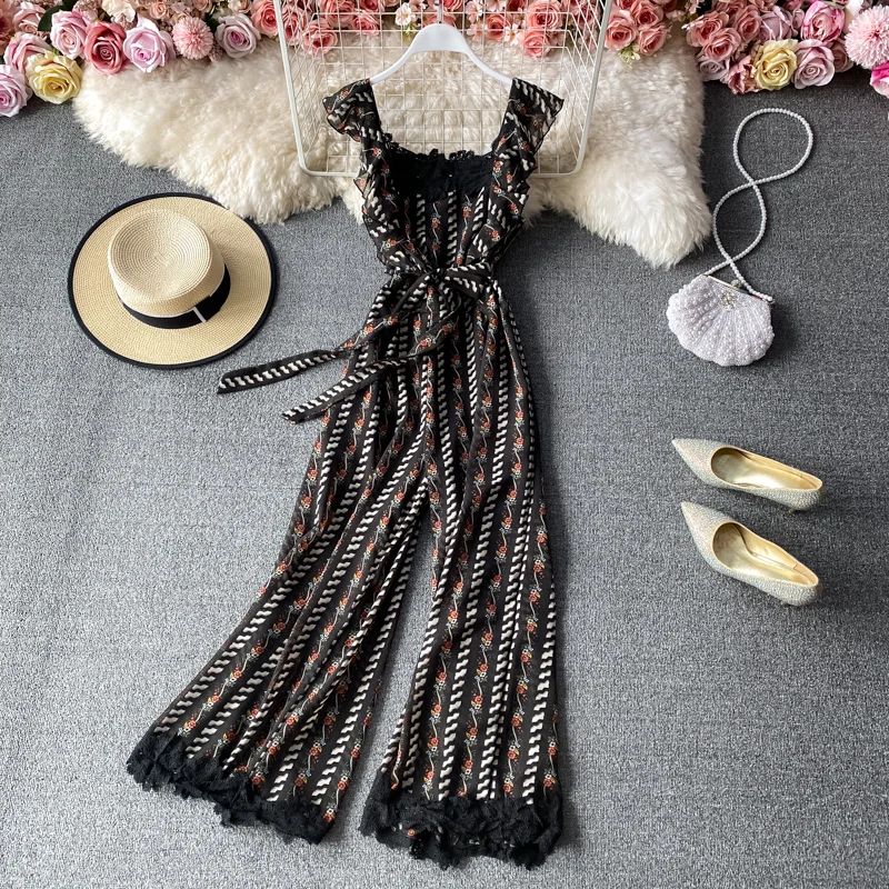 Fashion Lace Short Sleeve Ruffled Waist Thin Square Neck Floral Printed Chiffon Jumpsuit Women Bohemian Wide Leg Pants Jumpsuit
Fashion Lace Short Sleeve Ruffled Waist Thin Square Neck Floral Printed Chiffon Jumpsuit Women Bohemian Wide Leg Pants Jumpsuit