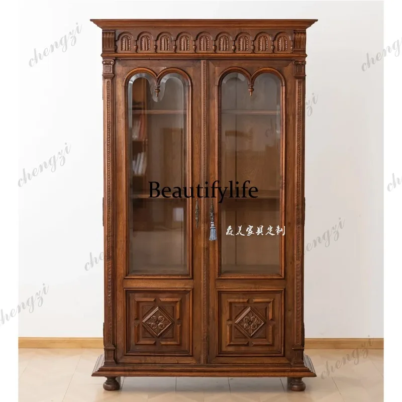 French solid wood carving living room display bookcase storage cabinet antique glass locker against the wall
French solid wood carving living room display bookcase storage cabinet antique glass locker against the wall