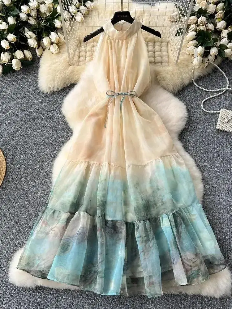 Sleeveless Organza Beach Party Off Shoulder Bandage Lace Up Loose Dress Summer Holiday Ink Printing Floral Halter Robe Vestidos
Sleeveless Organza Beach Party Off Shoulder Bandage Lace Up Loose Dress Summer Holiday Ink Printing Floral Halter Robe Vestidos