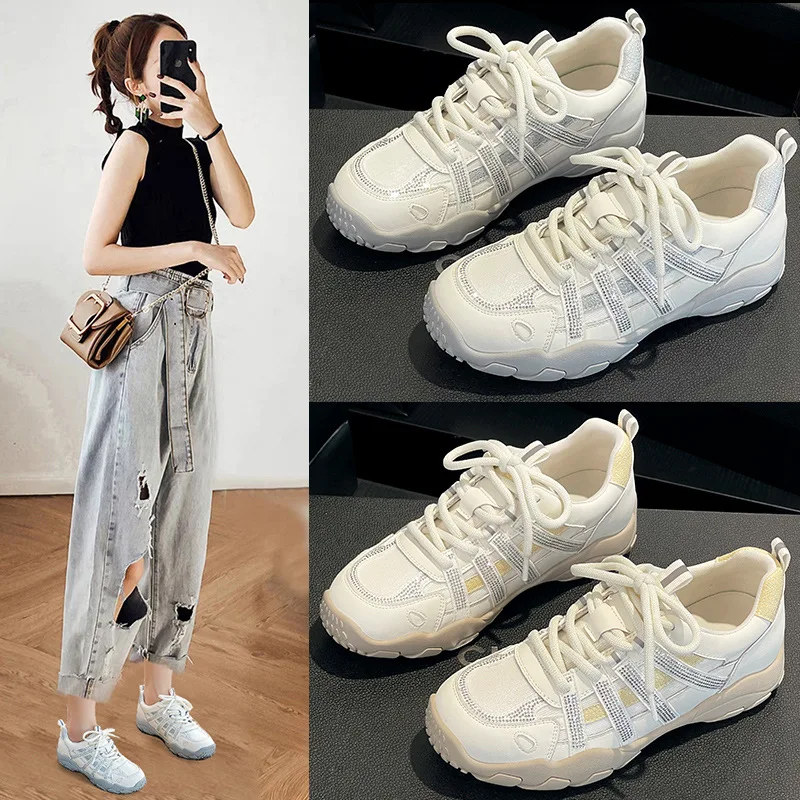White Rhinestone Strap Hiking Inspired Sneakers For Women 2026 Spring New Glitter Crystal Strip Lace Up Round Toe Rugged Fashion
White Rhinestone Strap Hiking Inspired Sneakers For Women 2026 Spring New Glitter Crystal Strip Lace Up Round Toe Rugged Fashion