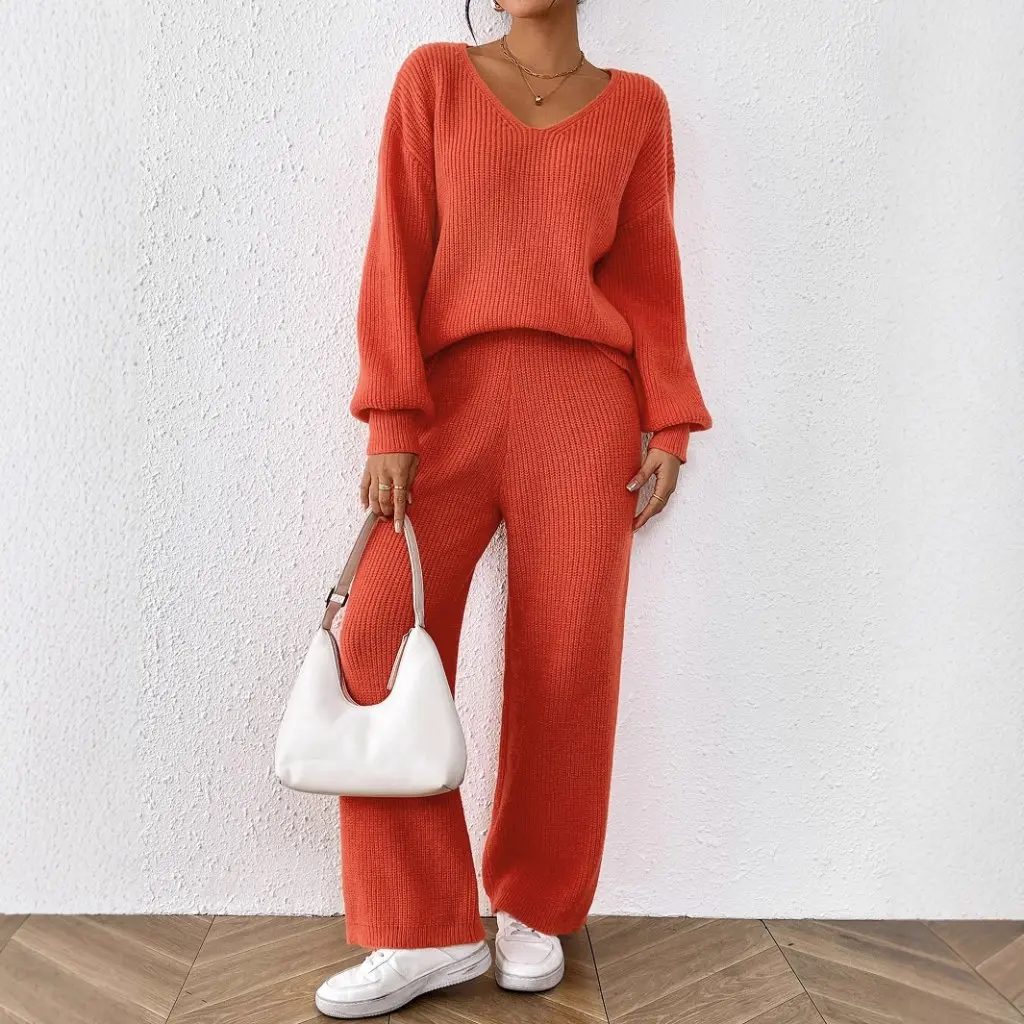 Women's Fashion Woolen Suit V Neck Casual Loose Top with Pure Color Wide Leg Straight Pants Sweater Two-Piece Set
Women's Fashion Woolen Suit V Neck Casual Loose Top with Pure Color Wide Leg Straight Pants Sweater Two-Piece Set