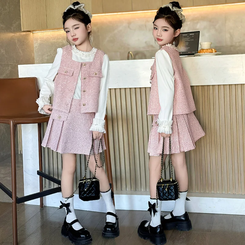 child outfits French teen girls chic clothes set weave vest+Lotus leaf collar tops+Pleated skirt 3pcs junior kids JK skirts suit
child outfits French teen girls chic clothes set weave vest+Lotus leaf collar tops+Pleated skirt 3pcs junior kids JK skirts suit