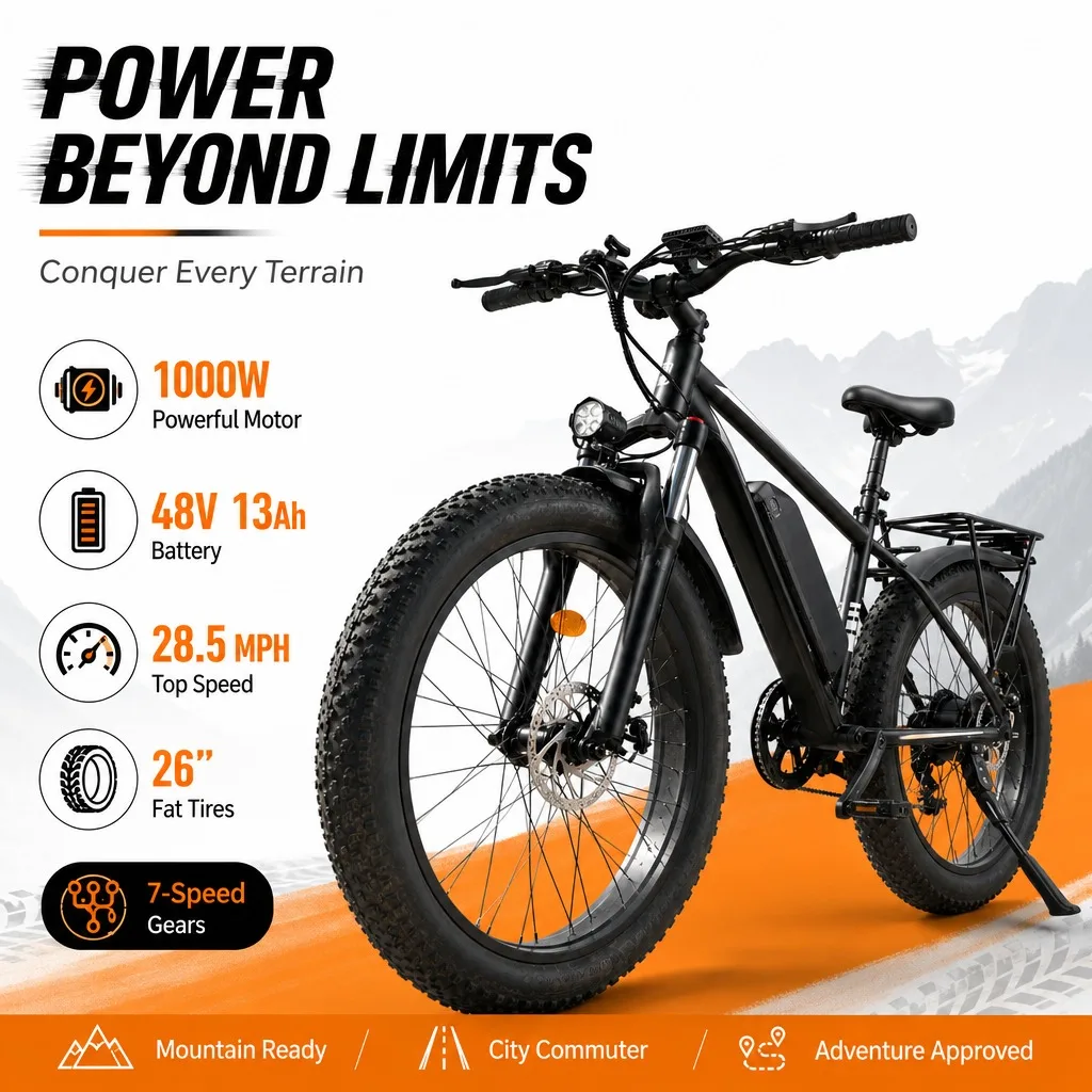 Adult Fat Tire Electric Bike 1000W Peak Motor 26 Inch 4.0" Wheel 48V 13Ah Battery 28.5MPH Top Speed 34.18 Miles Range 7 Speed All Terrain Ebike,E-bike Bicycle,Electric Bike,Ebike,E Bike,Electric Bike Adults,Bike
Adult Fat Tire Electric Bike 1000W Peak Motor 26 Inch 4.0" Wheel 48V 13Ah Battery 28.5MPH Top Speed 34.18 Miles Range 7 Speed All Terrain Ebike,E-bike Bicycle,Electric Bike,Ebike,E Bike,Electric Bike Adults,Bike