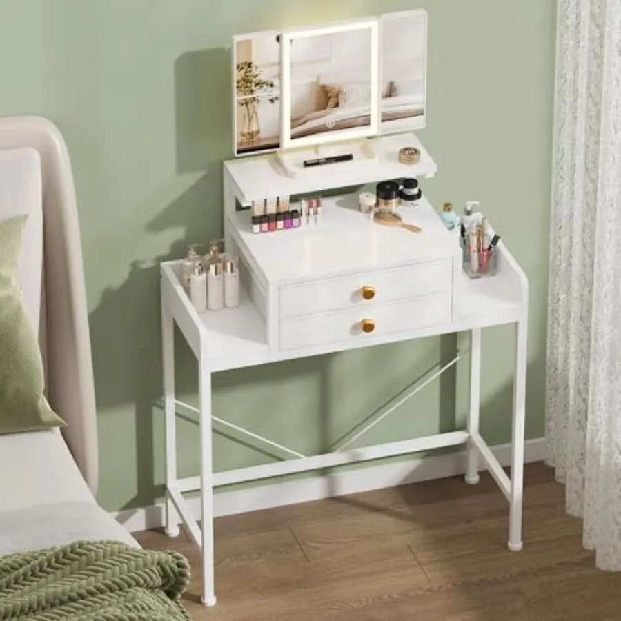 Vanity Desk with Mirror and Lights, 28.4''W Small Makeup Vanity Table with Height-Adjustable Stand, 2 Fabric Drawers Compact Ma
Vanity Desk with Mirror and Lights, 28.4''W Small Makeup Vanity Table with Height-Adjustable Stand, 2 Fabric Drawers Compact Ma