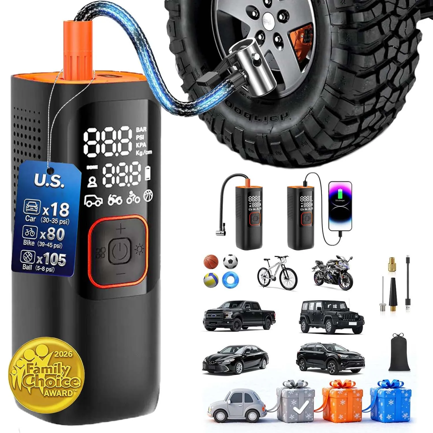 Portable Wireless Air Compressor Tire Inflator- With Digital Pressure Gauge, Emergency LED Light,4x Fast Cordless Design| Equipped With Rechargeable Battery| Digital Display Tire Air Pump, Car, Motorcycle, Bicycle Tires And Sports Balls
Portable Wireless Air Compressor Tire Inflator- With Digital Pressure Gauge, Emergency LED Light,4x Fast Cordless Design| Equipped With Rechargeable Battery| Digital Display Tire Air Pump, Car, Motorcycle, Bicycle Tires And Sports Balls