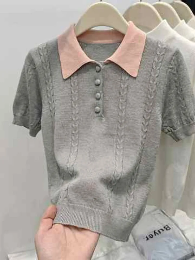 Women's Gray Short Sleeve Cable Knit Polo Shirt Thin Pink Contrast Collar Button Down Casual Slim Fit Summer Sweater Top Outfits
Women's Gray Short Sleeve Cable Knit Polo Shirt Thin Pink Contrast Collar Button Down Casual Slim Fit Summer Sweater Top Outfits