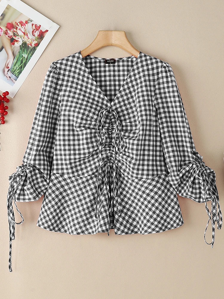 OL Work Tops 2025 Summer Ruffled Women Plaid Blouse VONDA 3/4 Sleeve Casual Loose V-Neck Tunic Drawstring Female Blusas Oversize
OL Work Tops 2025 Summer Ruffled Women Plaid Blouse VONDA 3/4 Sleeve Casual Loose V-Neck Tunic Drawstring Female Blusas Oversize