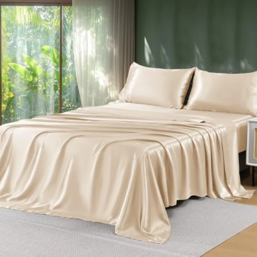 Satin Sheets Queen Size - 4 Pieces Luxury Soft Khaki Silky Bed Sheets Set with Pillowcases - Smooth Silk-Like Satin Fabric, Rei
Satin Sheets Queen Size - 4 Pieces Luxury Soft Khaki Silky Bed Sheets Set with Pillowcases - Smooth Silk-Like Satin Fabric, Rei