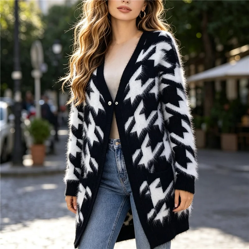 Ladies Women Fashion Super Hairy Mink Fur Houndstooth Cardigan Long Sleeve Knit Slim Medium Long Coat Jacket Pullwith Pockets
Ladies Women Fashion Super Hairy Mink Fur Houndstooth Cardigan Long Sleeve Knit Slim Medium Long Coat Jacket Pullwith Pockets