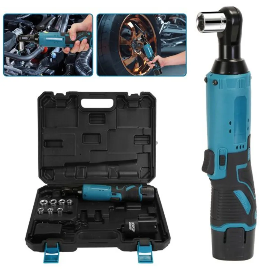 3 8' Cordless Electric Ratchet Wrench Set Right Angle Wrench with 2Pcs 1200mAh Batteries and Charger 7 Sockets 400RPM 
3 8' Cordless Electric Ratchet Wrench Set Right Angle Wrench with 2Pcs 1200mAh Batteries and Charger 7 Sockets 400RPM