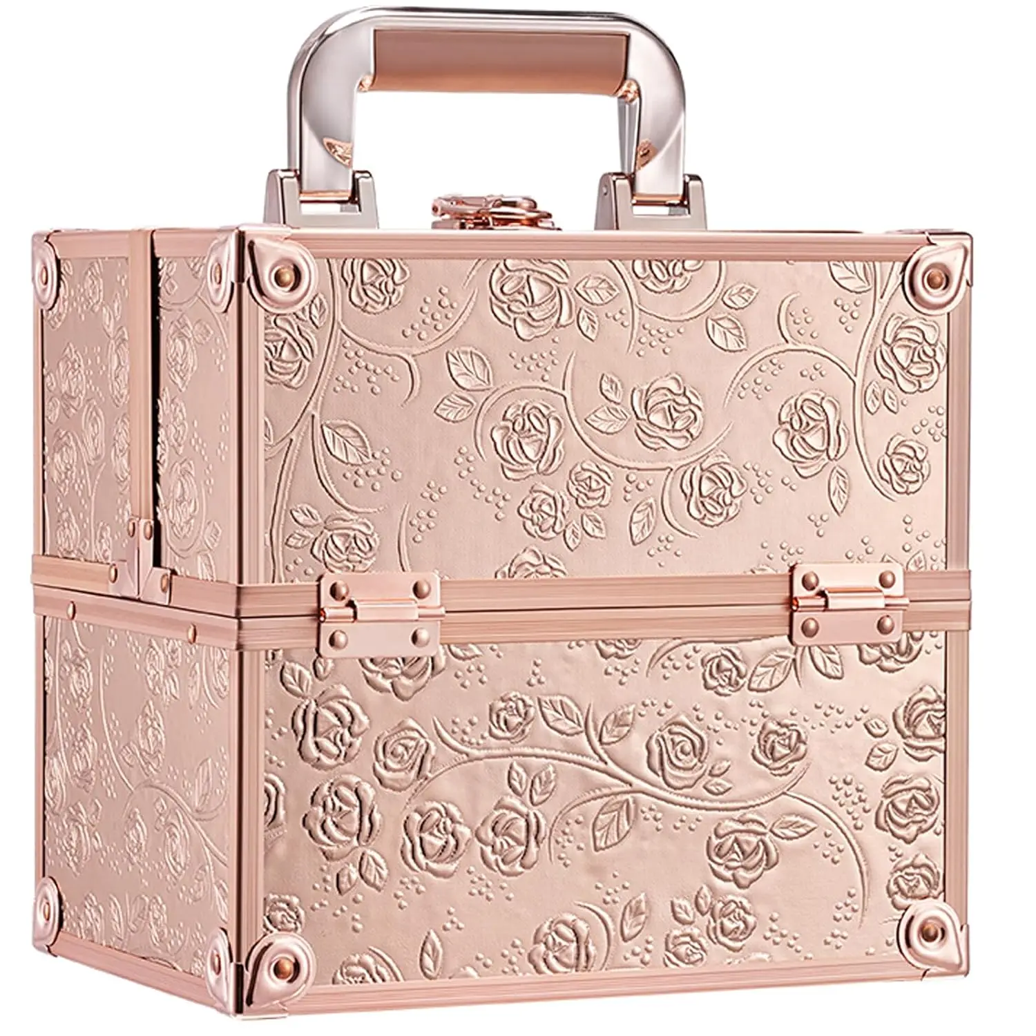 Portable Makeup Train Case with 4 Trays, Lock, Rose Gold Floral Design for Travel and Storage
Portable Makeup Train Case with 4 Trays, Lock, Rose Gold Floral Design for Travel and Storage