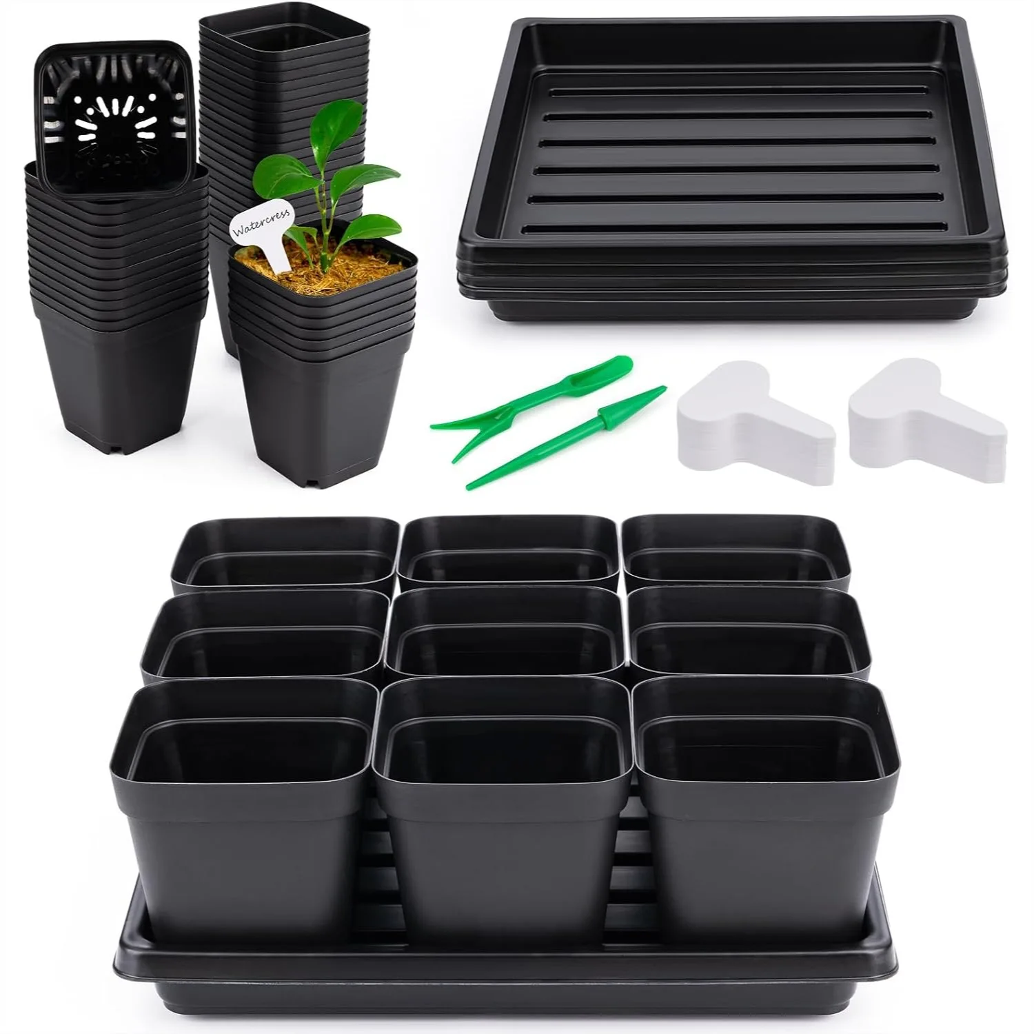 Seed Starter Tray Kit 50-Pack 3.5" Square Nursery Pots with Trays, 9-Cell Seed Starting Pots, Drainage Holes, 5 Trays, 20 Plant
Seed Starter Tray Kit 50-Pack 3.5" Square Nursery Pots with Trays, 9-Cell Seed Starting Pots, Drainage Holes, 5 Trays, 20 Plant