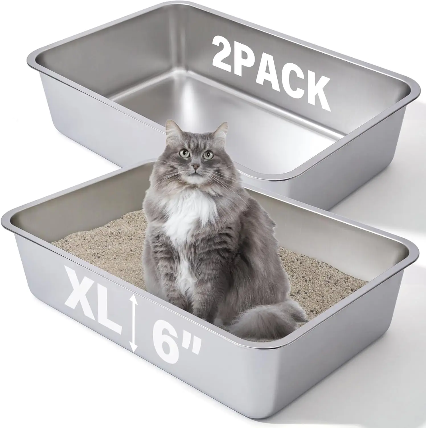 Stainless Steel Cat Litter Box 2-Pack, Extra Large with High Sides, Non-Stick Surface for Easy Cleaning
Stainless Steel Cat Litter Box 2-Pack, Extra Large with High Sides, Non-Stick Surface for Easy Cleaning