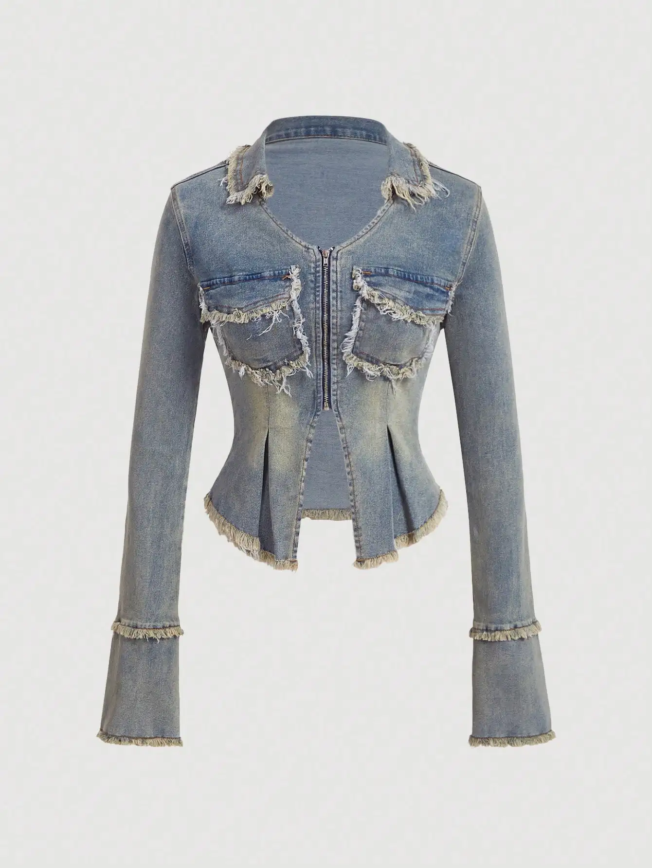 Women's Distressed Frayed Edge Peplum Denim Jacket with Zip Front
Women's Distressed Frayed Edge Peplum Denim Jacket with Zip Front