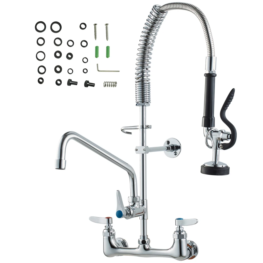 Commercial Faucet with Pre-Rinse Sprayer 25" Height 8" Center 12" Swing Spout Wall Mount Kitchen Sink Faucet Brass Constructed
Commercial Faucet with Pre-Rinse Sprayer 25" Height 8" Center 12" Swing Spout Wall Mount Kitchen Sink Faucet Brass Constructed
