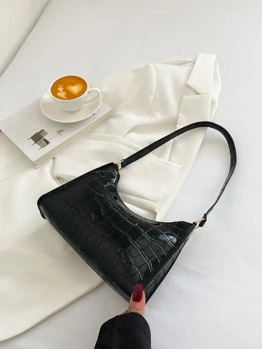 Black Croc-Embossed Glossy Leather Saddle Shoulder Bag for Women
Black Croc-Embossed Glossy Leather Saddle Shoulder Bag for Women