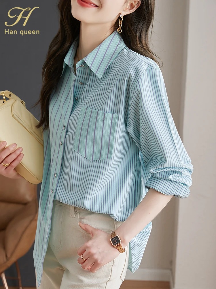 H Han Queen Autumn Stripes Simple Office Tops Basic Blouse Elegant Womens Korean Loose Casual Vintage Long Sleeve Shirts
H Han Queen Autumn Stripes Simple Office Tops Basic Blouse Elegant Womens Korean Loose Casual Vintage Long Sleeve Shirts