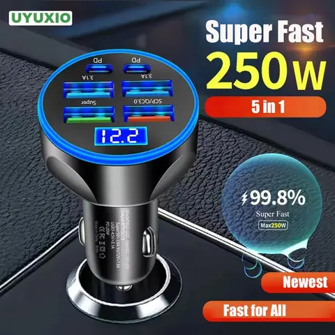 Adaptador de carregador de carro USB C multiportas UYUXIO com display de tensão PD 30W carregamento super rápido 6 em 1 para MacBook iPhone Samsung