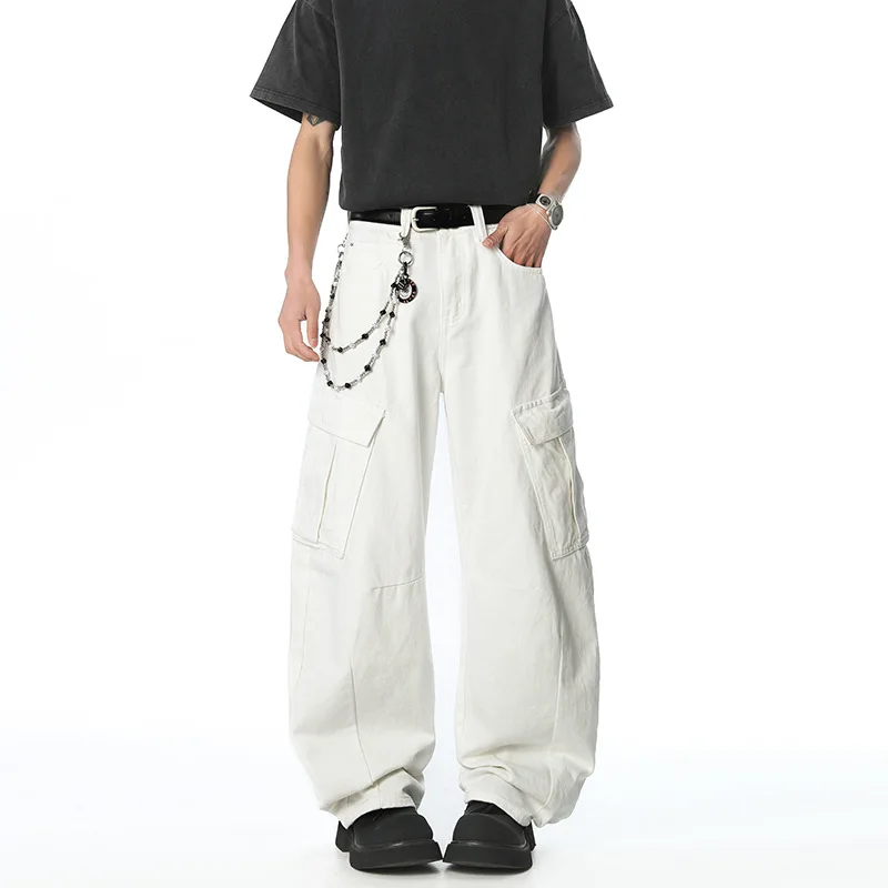 Новинка 2023 года, мужские повседневные брюки, брюки-карго в американском стиле, прямые широкие брюки, белые джинсы с изогнутым подолом 
Новинка 2023 года, мужские повседневные брюки, брюки-карго в американском стиле, прямые широкие брюки, белые джинсы с изогнутым подолом