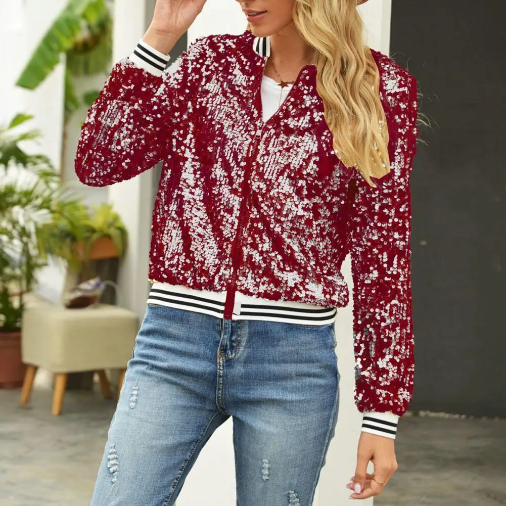Spring Autumn Women Coat Women Jacket Sparkling Sequin Women's Jacket Stand Collar Striped Design Elastic Cuffs for Stage
Spring Autumn Women Coat Women Jacket Sparkling Sequin Women's Jacket Stand Collar Striped Design Elastic Cuffs for Stage