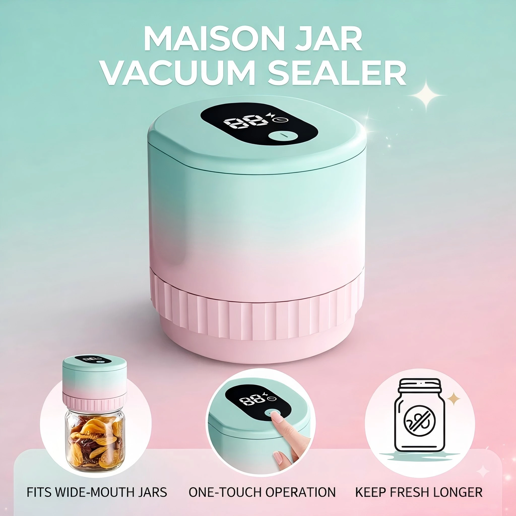 Home Cordless Mason Jar Vacuum Sealer Handheld Automatic Kitchen Food Storage Canning Tool for Glass Jars
Home Cordless Mason Jar Vacuum Sealer Handheld Automatic Kitchen Food Storage Canning Tool for Glass Jars