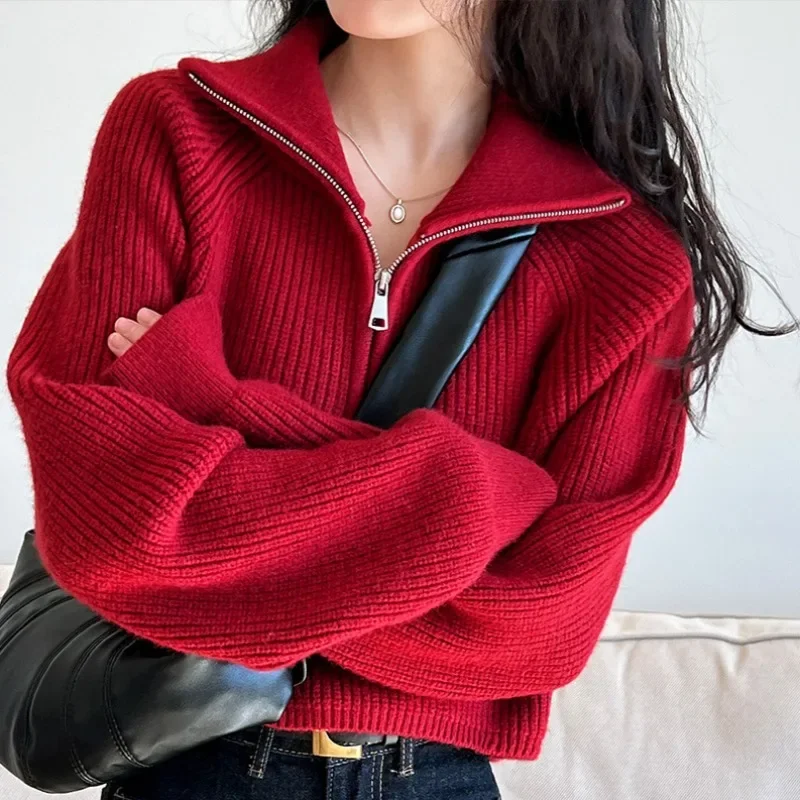 Korean Zipper Mock Neck Red Knitted Pullovers Sweater Women WInter Pulleys New High Waist Loose Casual Thick Tops Women Clothing
Korean Zipper Mock Neck Red Knitted Pullovers Sweater Women WInter Pulleys New High Waist Loose Casual Thick Tops Women Clothing