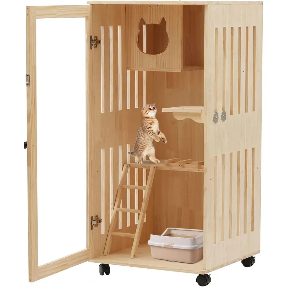 Multi-Level Wooden Cat Condo with LED Light, 4 Wheels, and Transparent Door for Luxury Kitty Habitat
Multi-Level Wooden Cat Condo with LED Light, 4 Wheels, and Transparent Door for Luxury Kitty Habitat