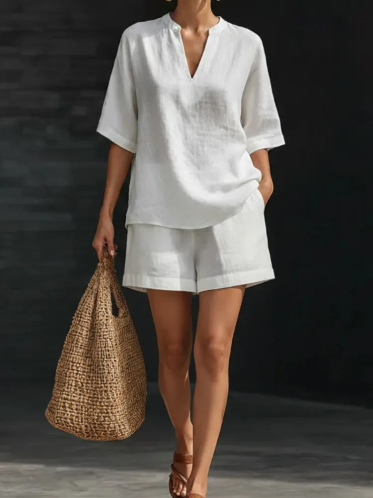 New Fashion Loose V-neck Two-piece Short-sleeve Shorts Casual Suit Women's Elegant Solid Holiday Party Woman 2 Piece Set Outfit
New Fashion Loose V-neck Two-piece Short-sleeve Shorts Casual Suit Women's Elegant Solid Holiday Party Woman 2 Piece Set Outfit