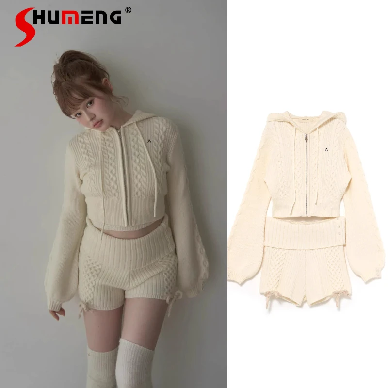 Japanese Lolita Sweet Style Braided Hooded Long Sleeves Zipper Slim Fit Short Knitted Cardigan Jacket + Shorts Two Pieces Set 
Japanese Lolita Sweet Style Braided Hooded Long Sleeves Zipper Slim Fit Short Knitted Cardigan Jacket + Shorts Two Pieces Set