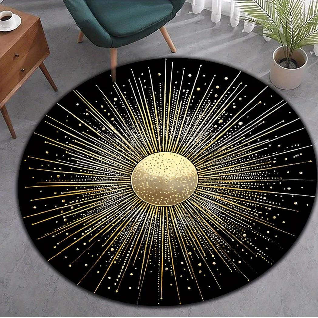 Golden Sunburst Round Mat – Non-Slip Machine Washable Flannel Rug with Sparkling Stars & Rays Design