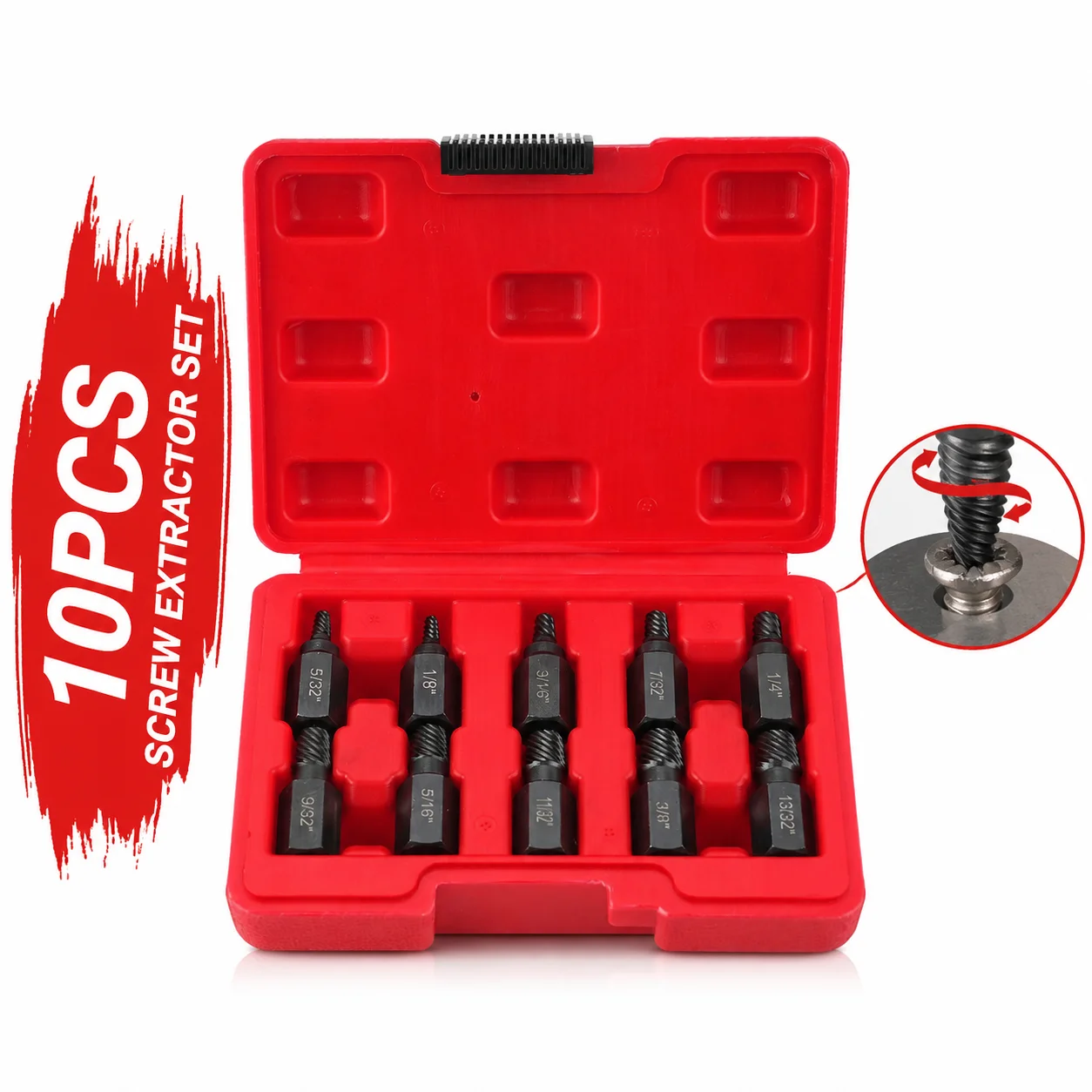 10PCS Alloy Steel Multi-Spline Screw Extraction Kit, Easy Out Drill Bits for Damaged Bolt Stud with Red Carrying Box
10PCS Alloy Steel Multi-Spline Screw Extraction Kit, Easy Out Drill Bits for Damaged Bolt Stud with Red Carrying Box