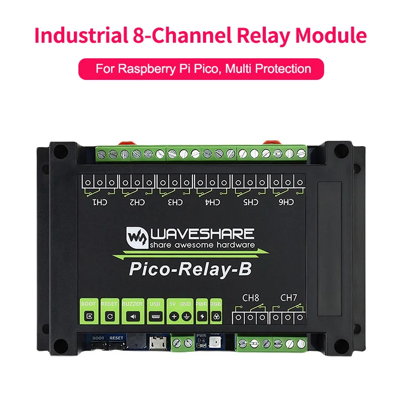 Industrial 8-Channel Relay Module for Raspberry Pi Pico Power Supply Photocoupler Isolation ABS Protection Shell with Rail-Mount
Industrial 8-Channel Relay Module for Raspberry Pi Pico Power Supply Photocoupler Isolation ABS Protection Shell with Rail-Mount