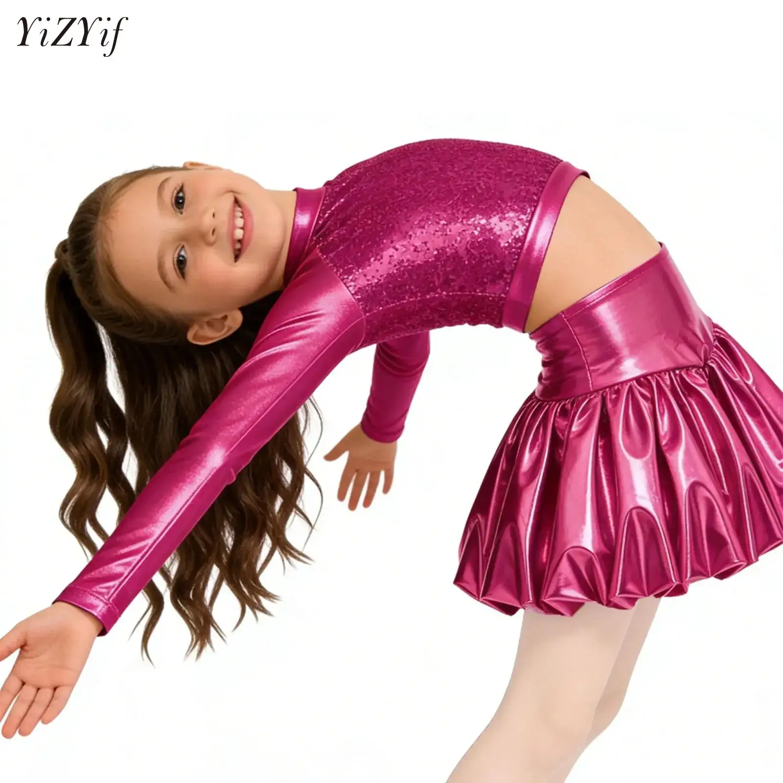 Girls Metallic Shiny Jazz Hip Hop Dance Stage Outfit Long Sleeve Jacket Crop Top with Bubble Skirt for Cheerleading Performance
Girls Metallic Shiny Jazz Hip Hop Dance Stage Outfit Long Sleeve Jacket Crop Top with Bubble Skirt for Cheerleading Performance