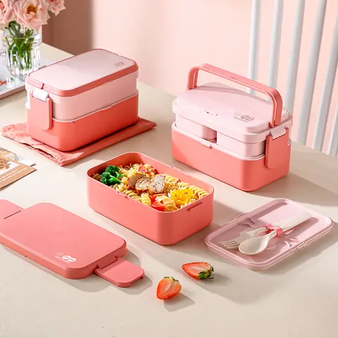 Boîte à déjeuner Portable en Fiber de bambou 3 en 1, boîte à Bento Double couche, cuillère à micro-ondes, fourchette pour femmes et filles, boîte à Bento de pique-nique pour enfants
