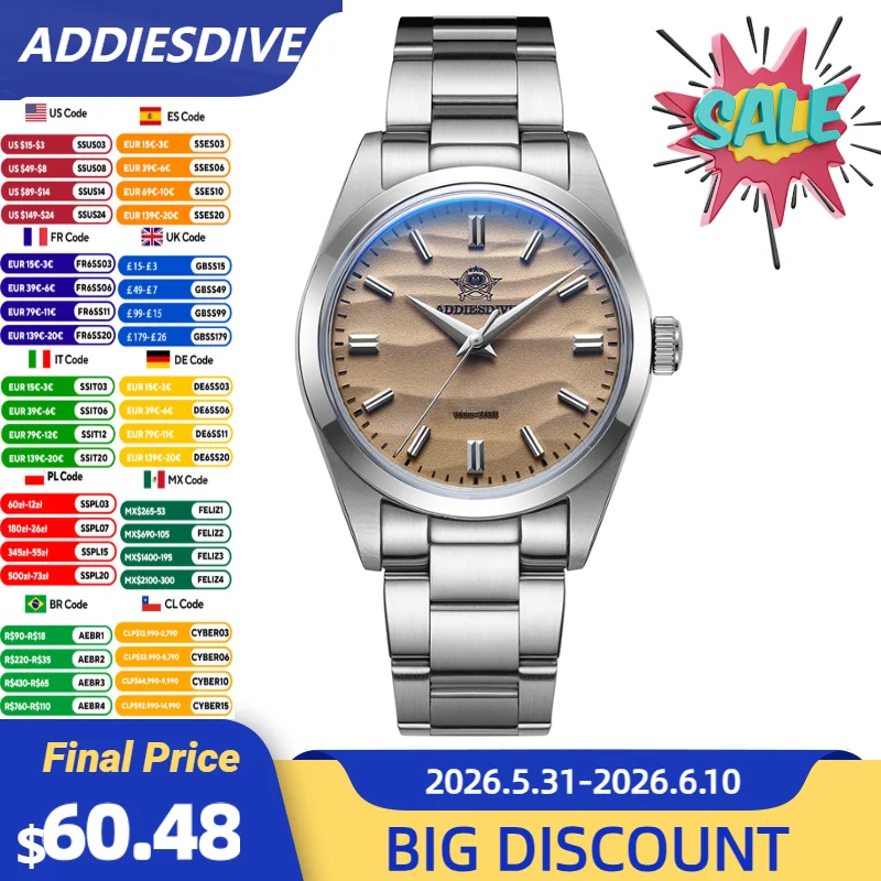 ADDIESDIVE Quartz Watch for Men Luxury Vintage Solid Stainless Steel 36mm Desert Textured Dial Watches 100m Waterproof Watches
ADDIESDIVE Quartz Watch for Men Luxury Vintage Solid Stainless Steel 36mm Desert Textured Dial Watches 100m Waterproof Watches