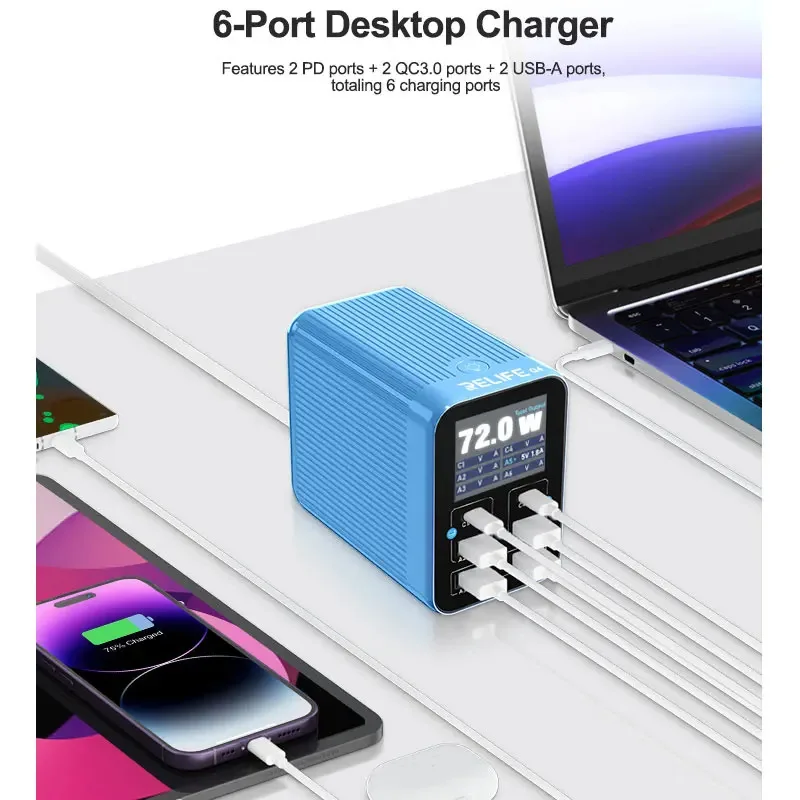 RELIFE Q4 72 Вт Smart 6-портовое быстрое зарядное устройство 2 порта PD + 2 порта QC3.0 + 2 USB-A Smart Sleep Mode для различных электронных устройств
RELIFE Q4 72 Вт Smart 6-портовое быстрое зарядное устройство 2 порта PD + 2 порта QC3.0 + 2 USB-A Smart Sleep Mode для различных электронных устройств