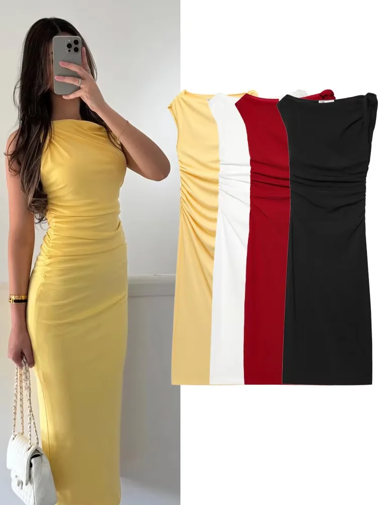 HH Women's Fashion Chic Asymmetry Dress Yellow O-Neck Sleeveless Folds Decorate Zipper Female Summer Long Sheath Dresses
HH Women's Fashion Chic Asymmetry Dress Yellow O-Neck Sleeveless Folds Decorate Zipper Female Summer Long Sheath Dresses