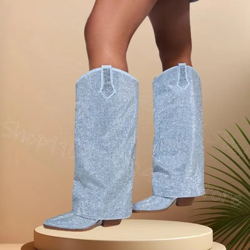 Sky Blue Rhinestone Turned Over Pointed Toe Boots Slip On Women Shoes Chunky High Heels Party Banquet 2025 Zapatos Para Mujere
Sky Blue Rhinestone Turned Over Pointed Toe Boots Slip On Women Shoes Chunky High Heels Party Banquet 2025 Zapatos Para Mujere